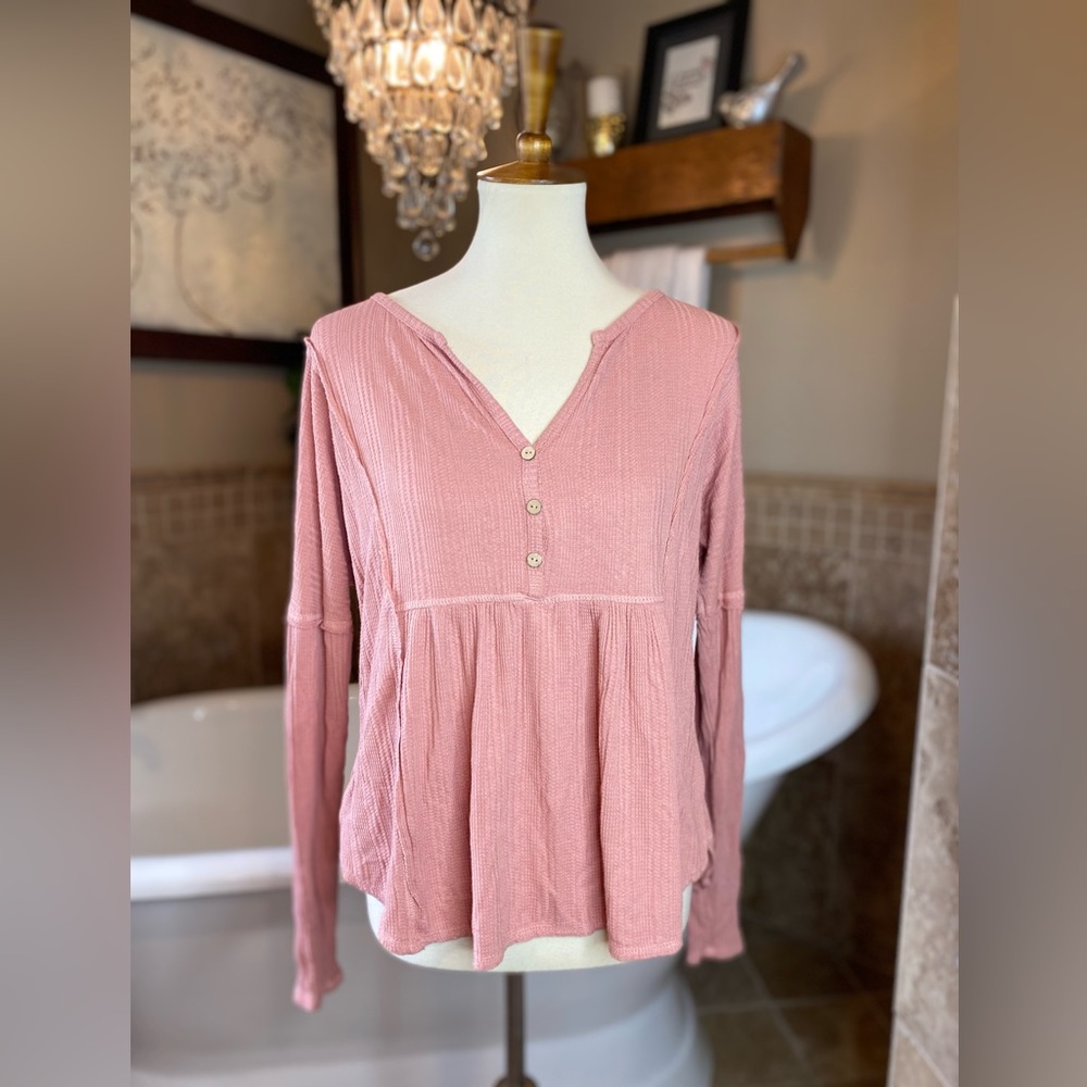 Pink Lily Dusty Rose Button V-Neck Long Sleeve Peplum Top